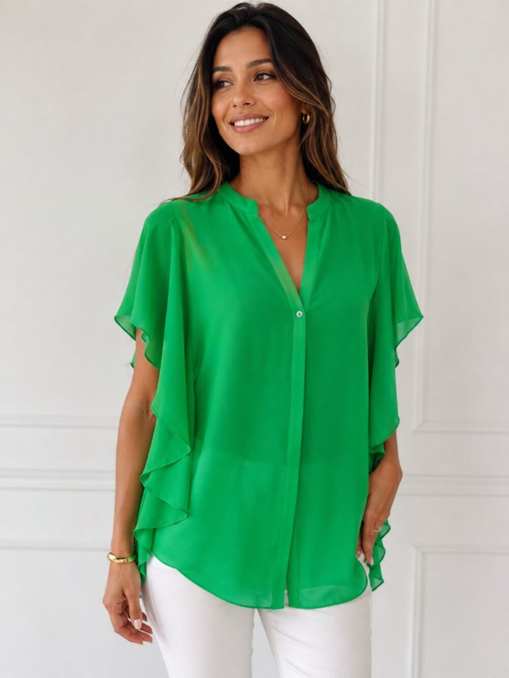 Emerald Green Flowy Blouse Flutter Sleeve V Neck Button Front Size S